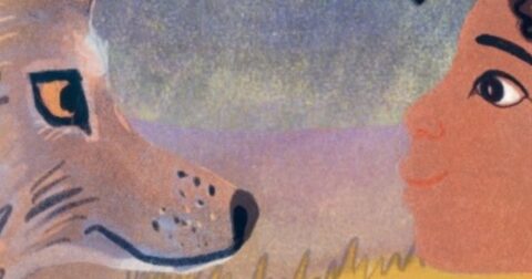 dessin visage loup et enfant en face à face