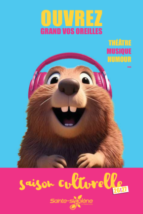 page couverture saison culturelle 2026 2027 (marmotte souriante avec casque de musique sur les oreilles)