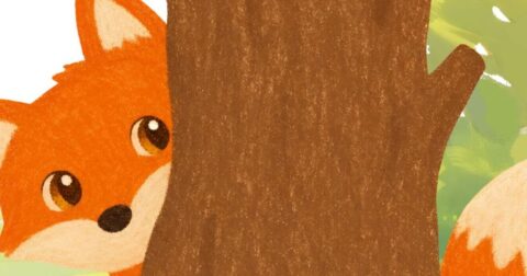 dessin renard caché derrière un arbre